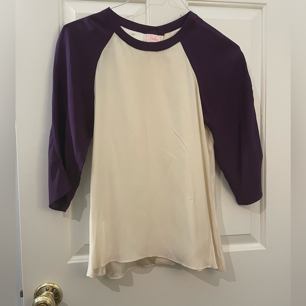 PARKER from Aritzia, Baseball Blouse, XS, Purple/ Off White, Silk, Never Worn